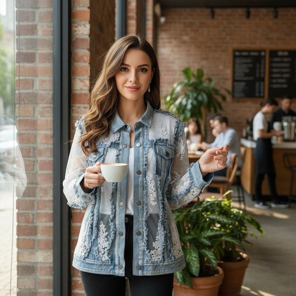 AZI New York Sheer Lace Floral Distressed Denim Jacket Size XL Blue Embroidered